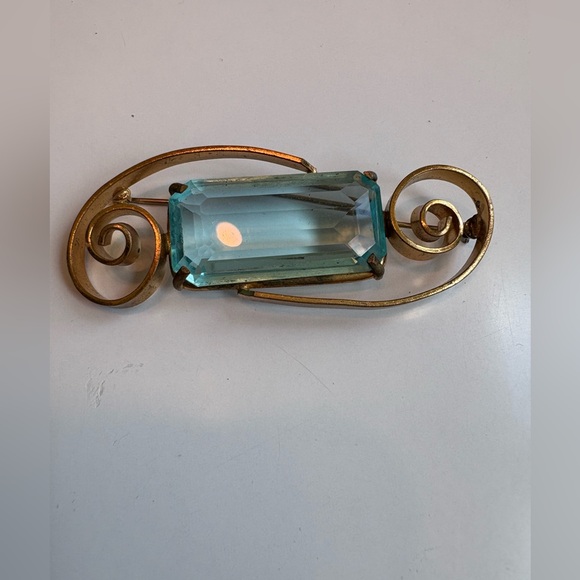 3”x2” Brooch With Blue Emerald Cut Vintage Midcentury Modern faux Aquamarine - Picture 8 of 16